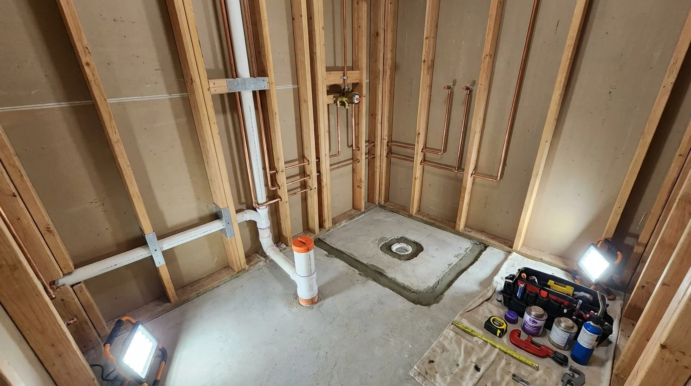 Bathroom rough-in plumbing during remodel by Johns Plumbing LLC in Palm Bay