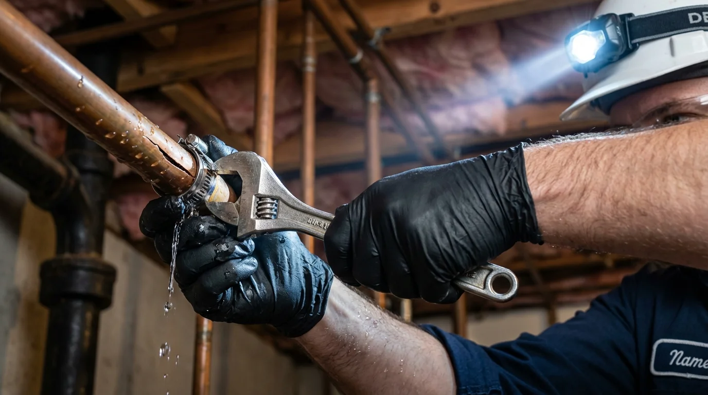 Emergency pipe clamp repair being performed by a Johns Plumbing LLC plumber in Palm Bay