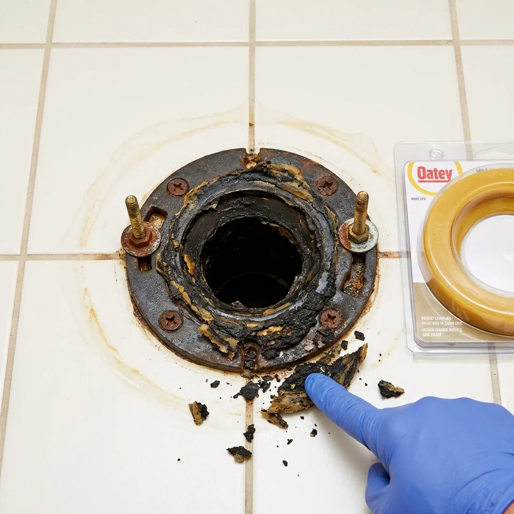 Failed wax ring showing water seepage at the base of a toilet in a Palm Bay, FL home