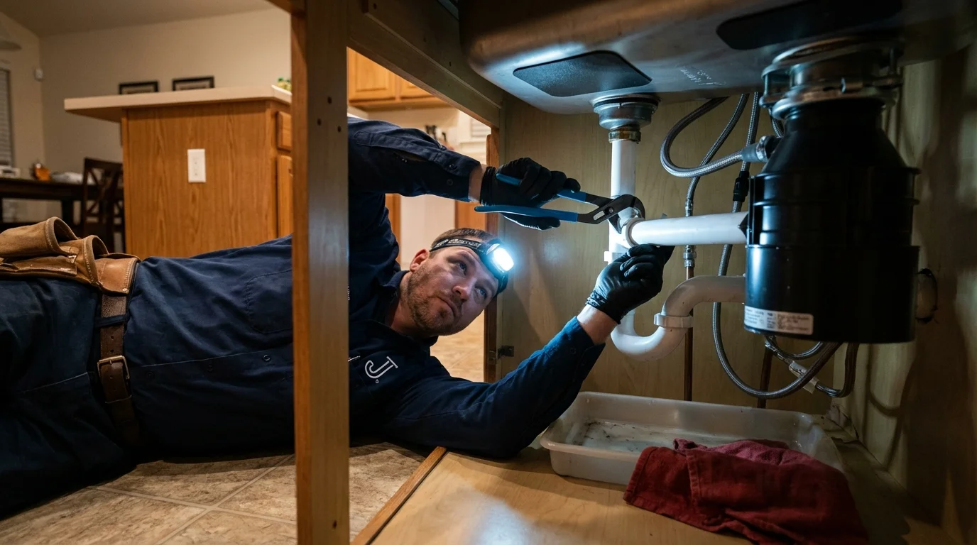 P-trap and supply line connections under a kitchen sink showing a common leak point in Palm Bay, FL